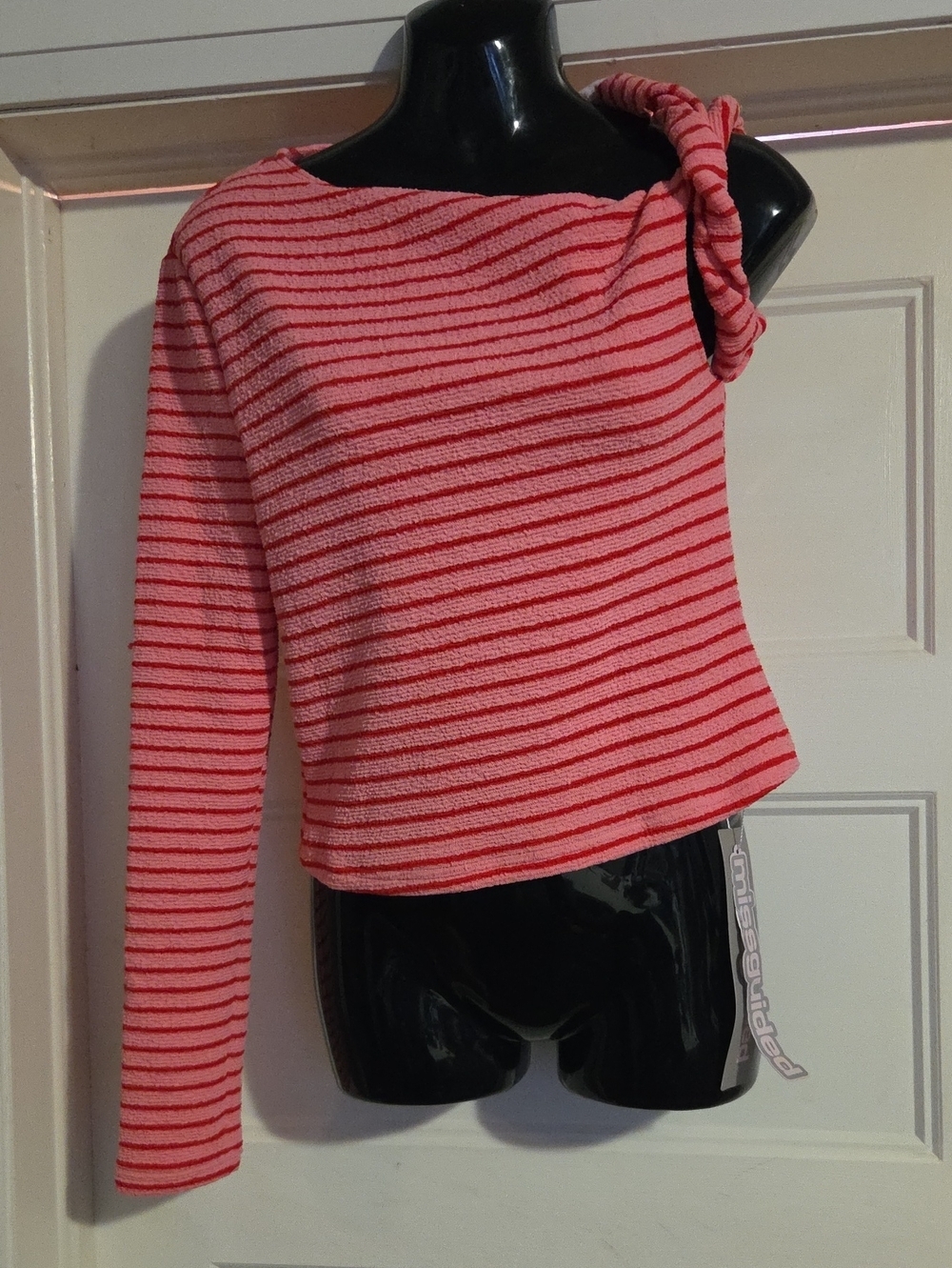 Missguided Pink and Red Ribbed One-Shoulder Top